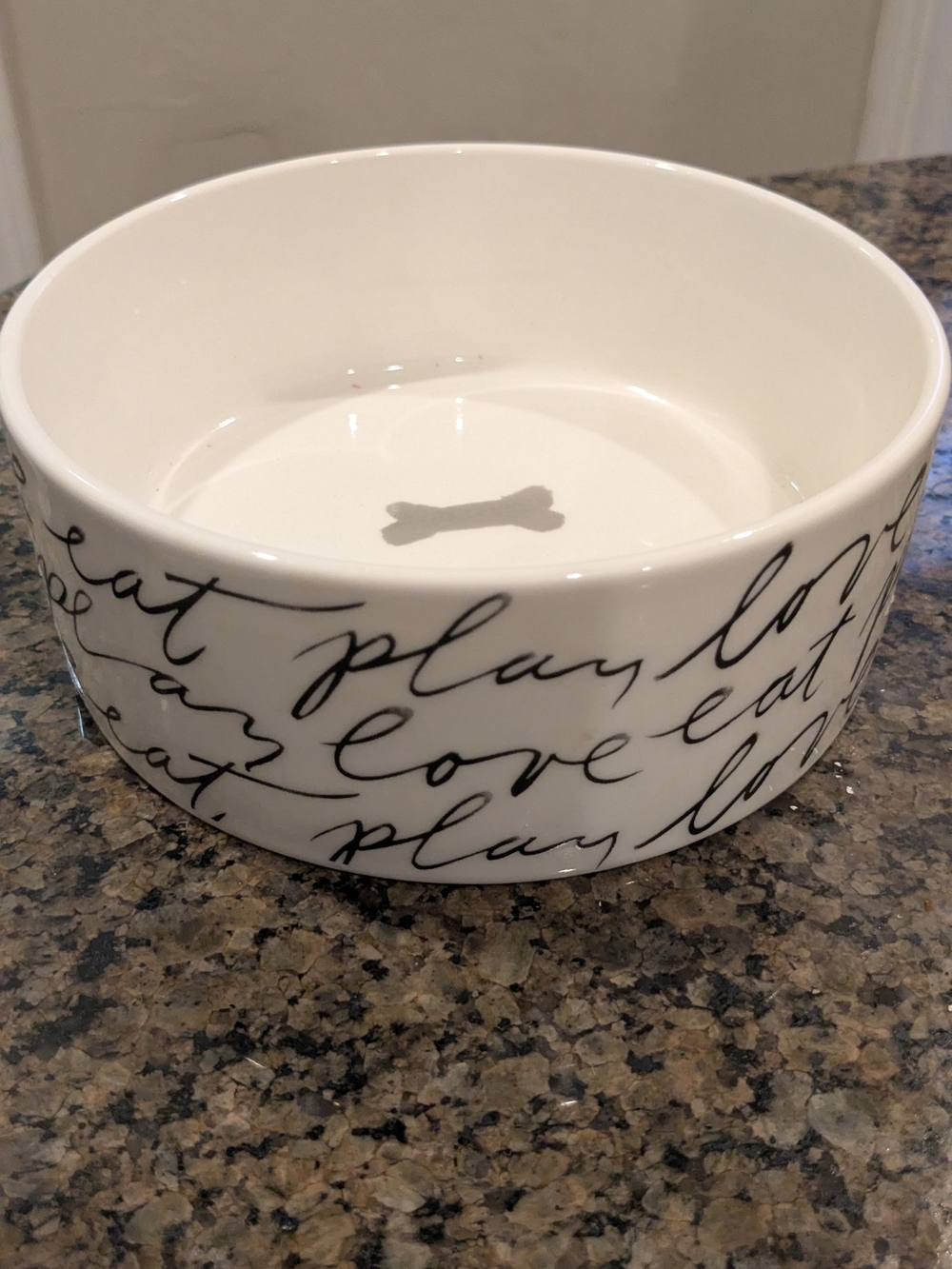Fringe Studio White Ceramic Pet Bowl. "Eat, Play, Love"